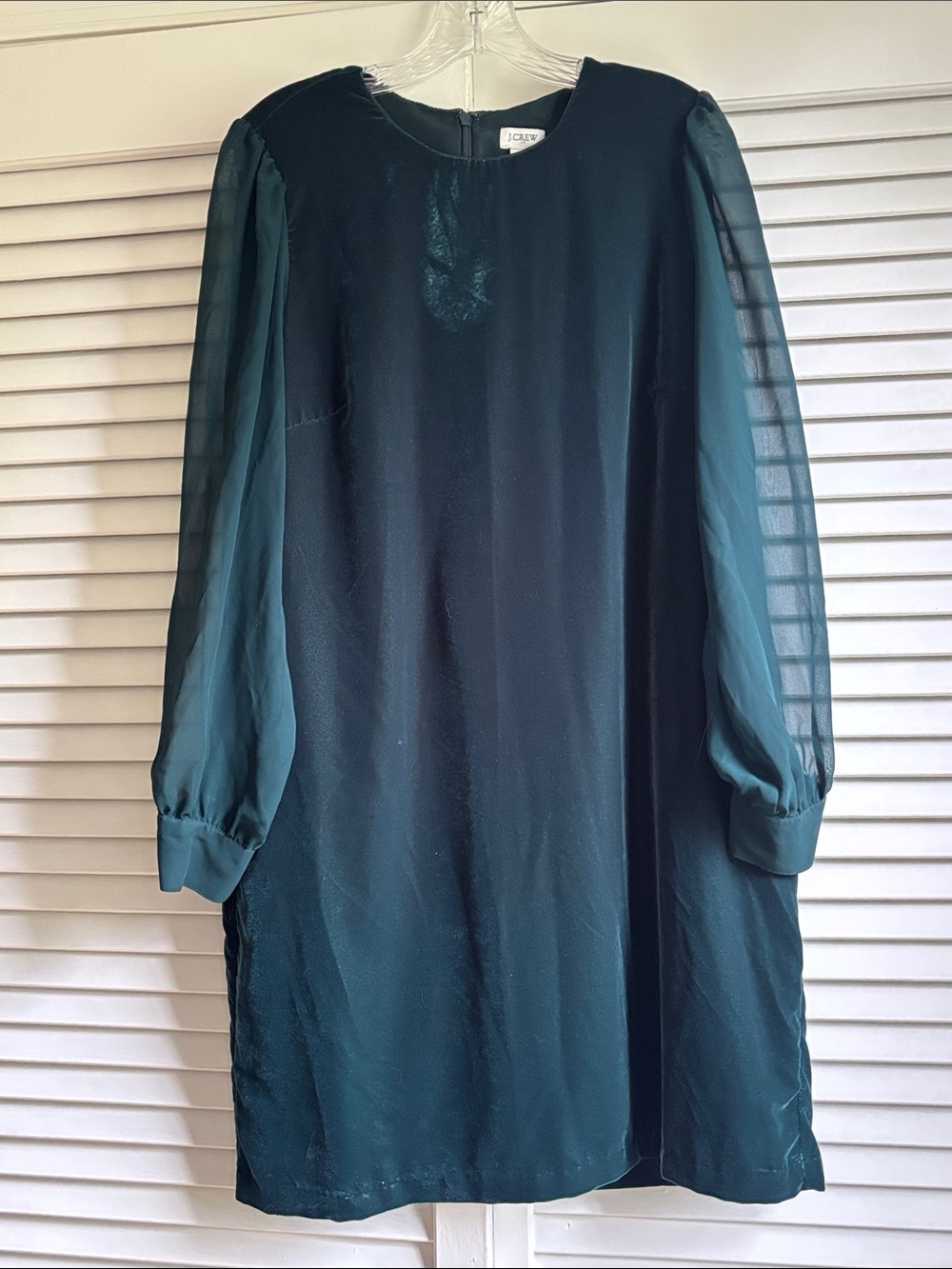 J.Crew Emerald Green Velvet Sheer Sleeve Shift Dress Size 12